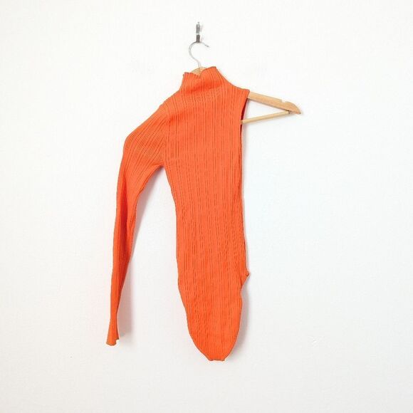 NWOT Zara orange ribbed mockneck one sleeve asymmetrical bodycon bodysuit top - Picture 6 of 7